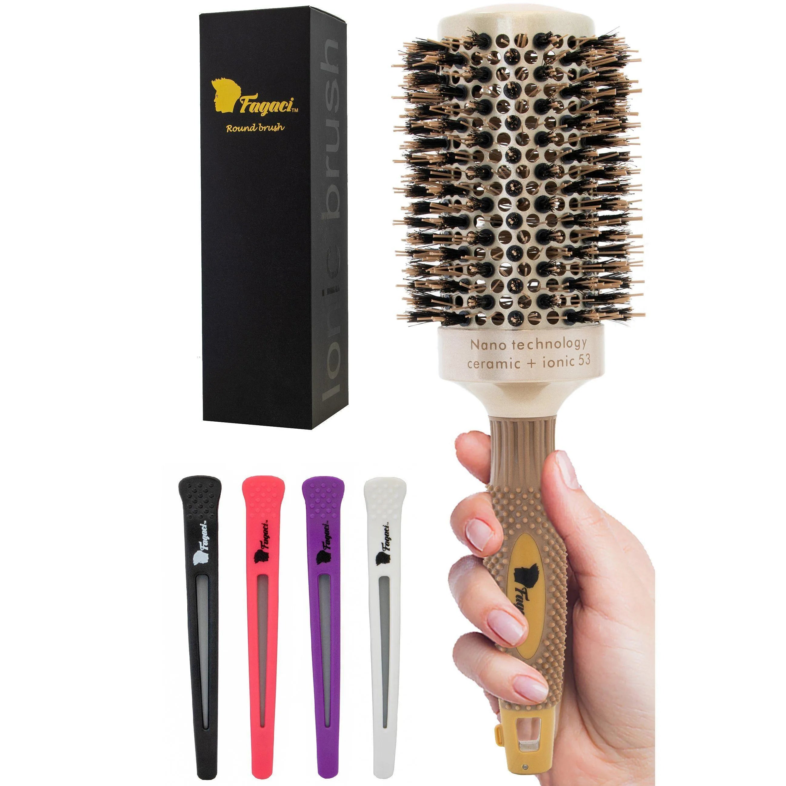 Round Brush Set, Ceramic Ion Thermal Barrel Round Brush for Blow Drying, 4  Different Sizes Boar Bristle Round Hair Brush for Hair Drying, Styling,  Curling and Shine Brown handle